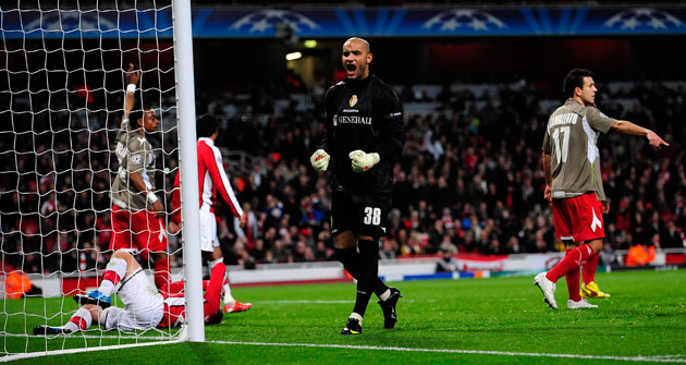 British Teams: Standard Liege's goalkeeper Bolat reacts after saving a shot from Gallas 