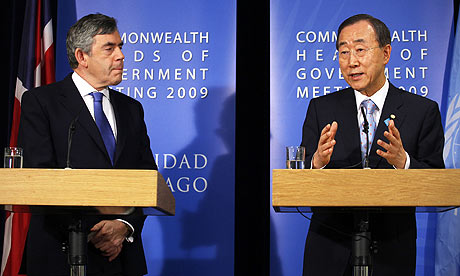 Gordon Brown and Ban Ki-moon at the Commonwealth summit where the PM announced the Afghan targets