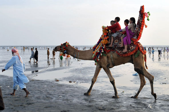 30 November 2009: Karachi, Pakistan: Children enjoy a ride on a decorated camel