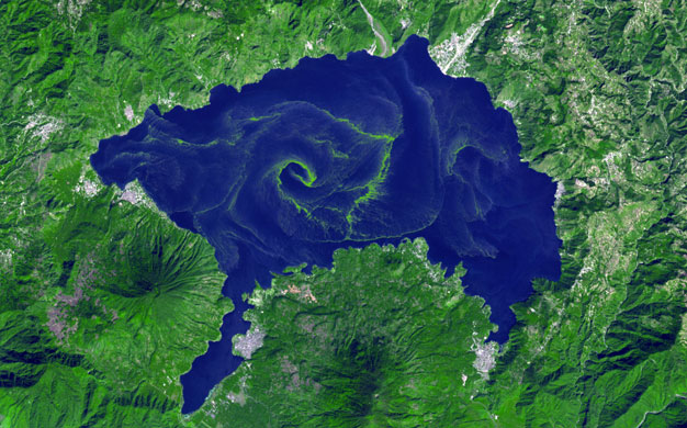 Satellite Eye on Earth: Guatemala's Lake Atitlan with bloom of cyanobacteria, blue-green algae