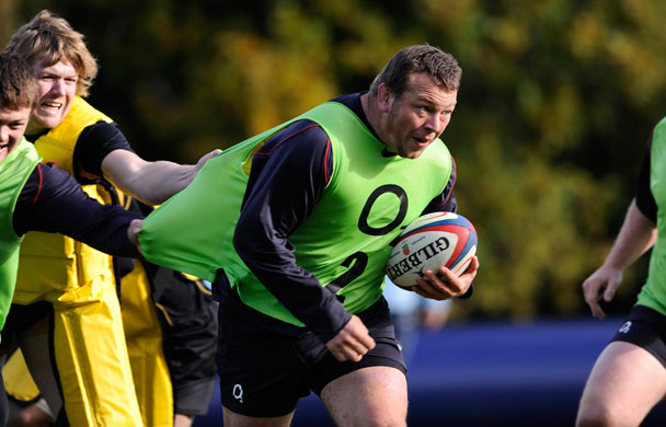 England Rugby Team: Steve Thompson ges his bib tugged back during an England training session