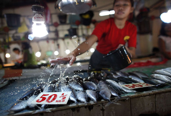 24 hours: Las Pinas, Philippines: A vendor sprinkles water over fish for sale