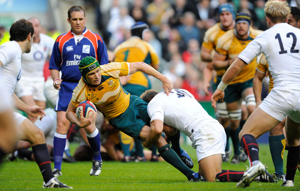 England v Australia: Matt Giteau is tackled by Wilkinson