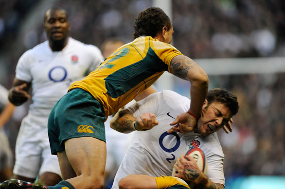 England v Australia: Matt Banahan gets a forearm smash in the face from Quade Cooper