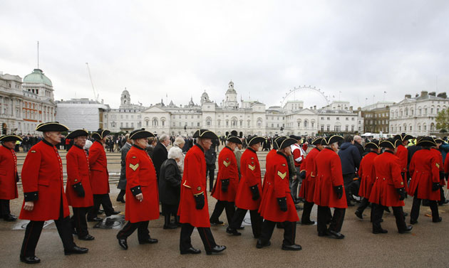 Remembrance Sunday: Chelsea Pensioners in Horse Guard's Parade on Remembrance Sunday
