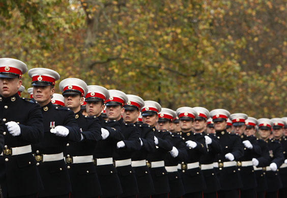 Remembrance day: Royal Marines return through St James Park after Remembrance service 