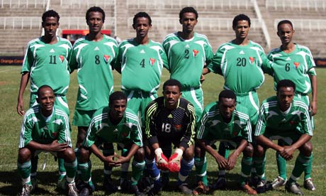 The Eritrean national team before the start of the match against Tanzania, in Nairobi.