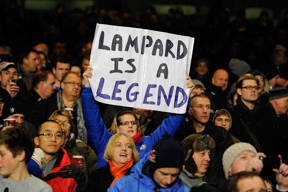Chelsea v Portsmouth: A Frank Lampard fan celebrates his 300th league appearence for Chelsea