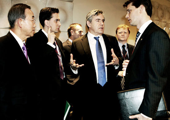 Copenhagen : Gordon Brown and Ban Ki-Moon with Ed Milliband at Copenhagen 