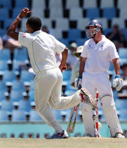 South Africa v England: Makhaya Ntini celebrates after clean bowling Andrew Strauss