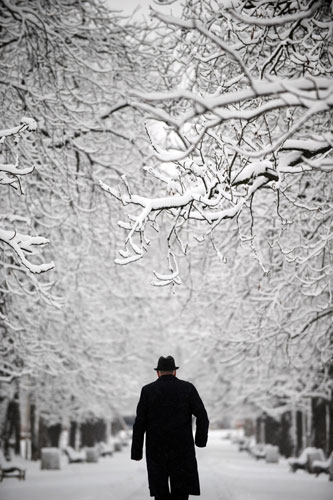 24 hours: Sofia, Bulgaria: A man walks under the snow covered trees