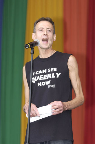 Peter Tatchell: Peter Tatchell addresses the crowd at the Mardi Gras in Hackney Marshes