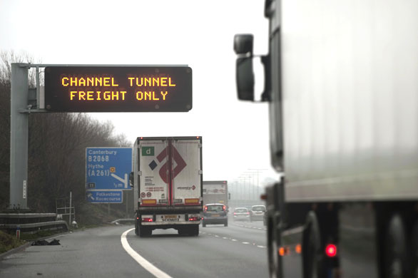 travel chaos: A sign reading CHANNEL TUNNEL FREIGHT ONLY 