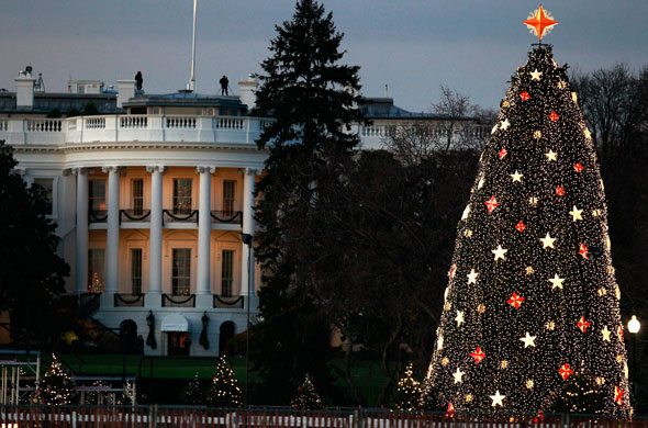 White House christmas: Lights shine on the National Christmas Tree in front of the White House