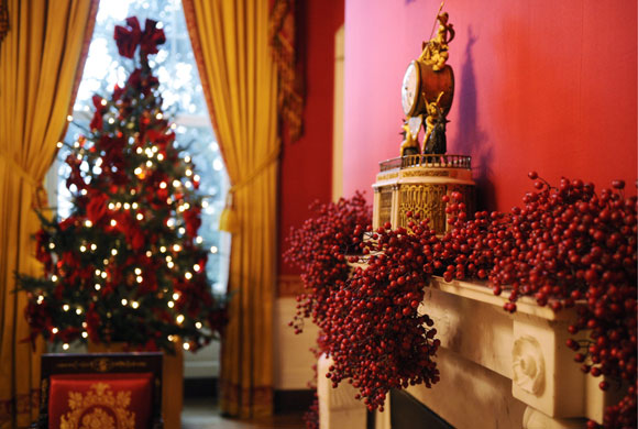 White House christmas: The Red Room on the State Floor of the White House
