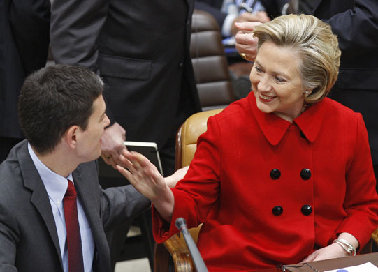 Miliband and Clinton : Foreign Secretary David Miliband talks with Hillary Clinton