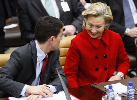 Miliband and Clinton : Foreign Secretary David Miliband talks with Hillary Clinton