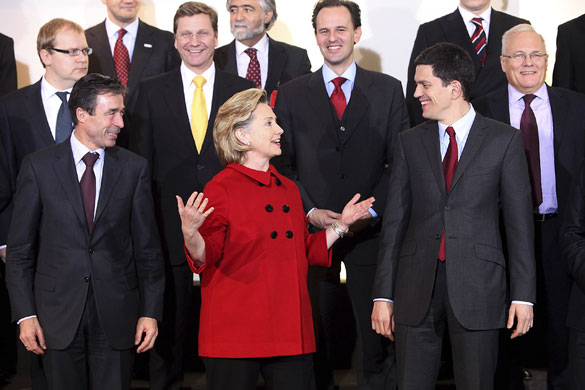 Miliband and Clinton : Hillary Rodham Clinton and David Miliband in a group photo at NATO
