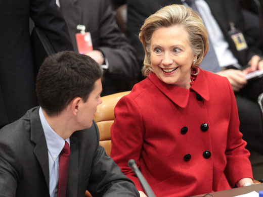 Miliband and Clinton : US Secretary of State Hillary Clinton smiles at David Miliband 