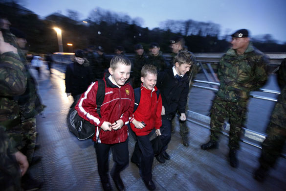 Workington: School pupils, the first to use the Barker Crossing footbridge