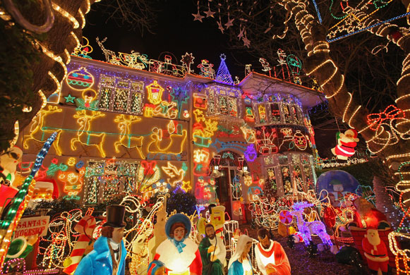 Christmas decorations: Festive lights adorn a detached house in Melksham, UK