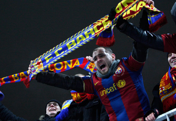 Wednesday CL 2: Barcelona's fans celebrate their goal against Dynamo Kiev 