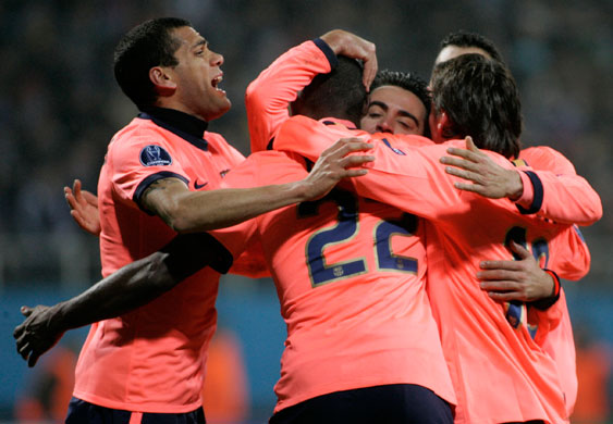 Wednesday CL 2: Barcelona players celebrate a goal against Dynamo Kiev