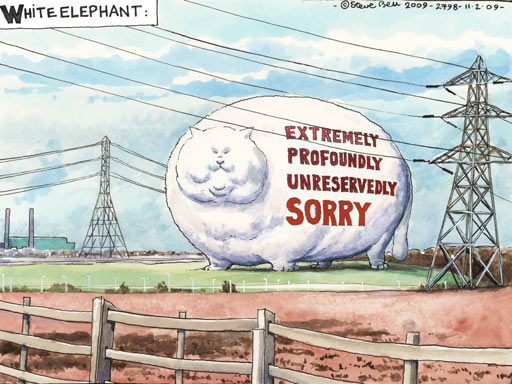 Steve Bell Cartoon - White Elephant - We're sorry say bankers. Well, sort of