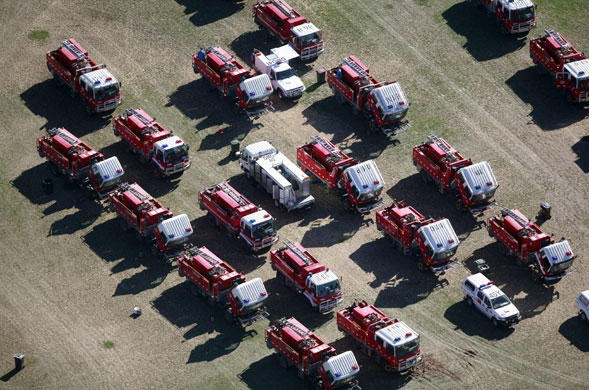 Bushfire devastation: CFA fire trucks are parked together on the Whittlesea Oval in Melbourne