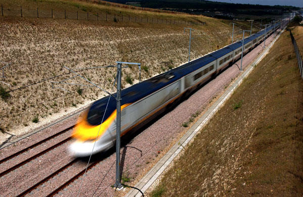 High speed trains: A Eurostar train travels near Rochester, Kent in July 2003.