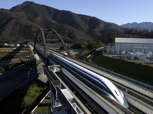 High speed trains: A magnetically levitated train in Japan.