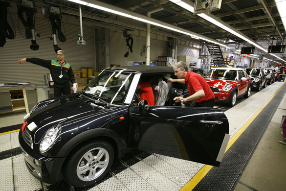 Cowley mini production: Almost-finished cars on BMW's Mini production line in Cowley, Oxford.