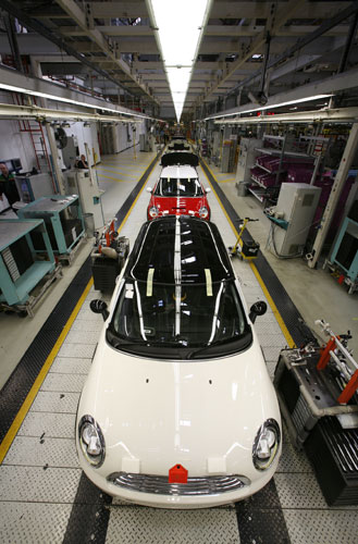 Cowley mini production: Almost-finished cars on BMW's Mini production line in Cowley, Oxford.