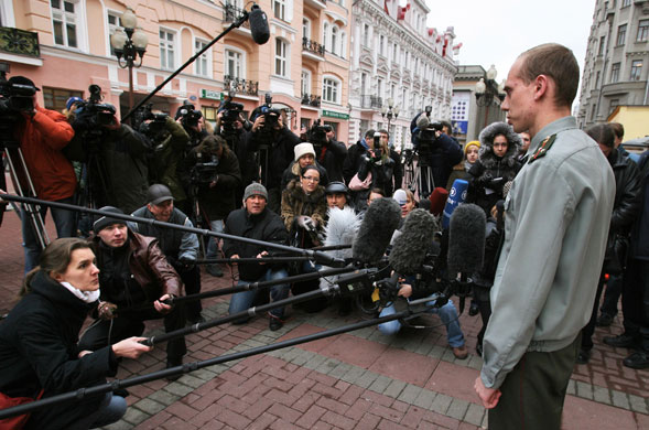 Anna Politkovskaya trial: Court representative talks to the press at the trial of Anna Politkovskaya 