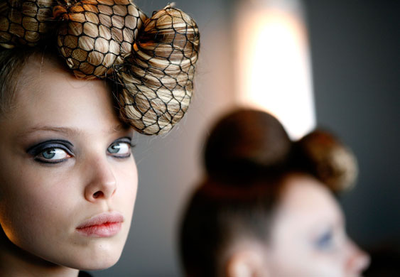 20 February 2009: New York, US: A model backstage at the Malandrino Fall 2009 fashion show