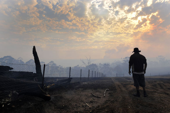 23 February 2009: Belgrave Heights, Australia: Tony Wood stands on a burnt out property