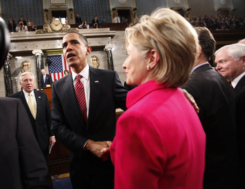 Barack Obama address: Barack Obama is greeted by Hillary Clinton