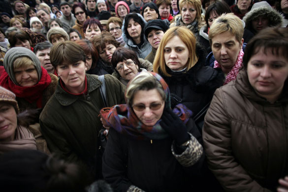 26 February 2009: Tuzla, Bosnia: Workers of troubled shoe factory Aida 