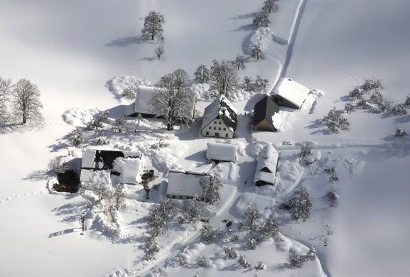 26 February 2009: Goestling, Austria: An aerial view the snow-covered village