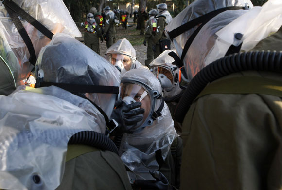 26 February 2009: Tel Aviv, Israel: Soldiers during a chemical warfare drill