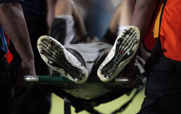 Gallery 3 February 2009: Maturin, Venezuela: Alison Perez is carried off the field