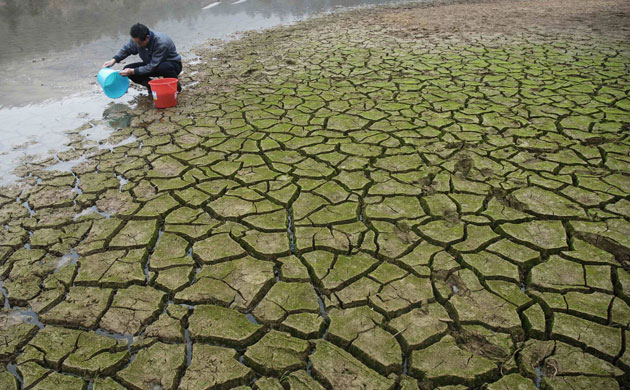 Gallery Severe Drought: A farmer collects water from a partially dried-up pond