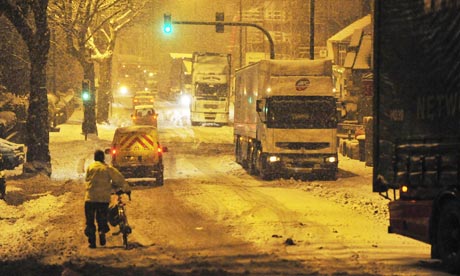 Lorries stranded on the A37 in Bristol after heavy snowfall in south-west England.