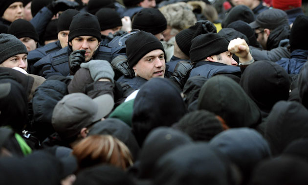 Gallery 8 February 2009: Munich, Germany: Riot police scuffle with protestors