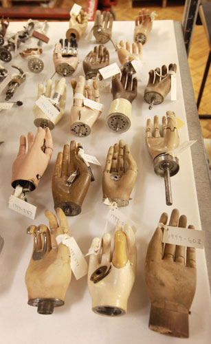 Science Museum objects: Antique artificial hands at the Science Museum's object store in London.