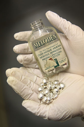 Science Museum objects: A bottle of silver-coloured tablets at the Science Museum's object store. 