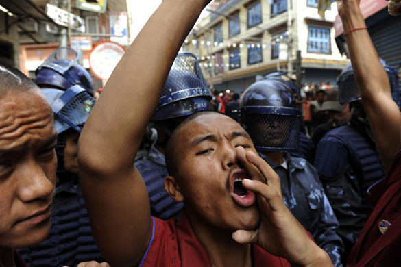 Kathmandu Uprising day: Tibetan monks protest in the streets on 10 March 2009 in Kathmandu, Nepal. 