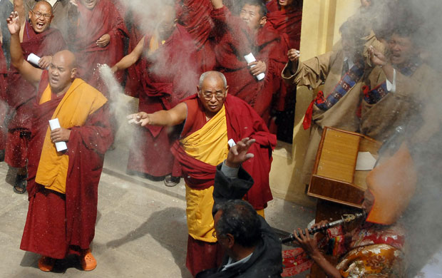 Kathmandu Uprising day: Tibetans Buddhist monks participate in a protest march in Kathmandu. 