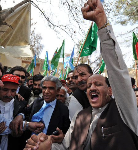 Pakistan lawyers protest: Lawyers and political party activists escort Ali Ahmed Kurd.