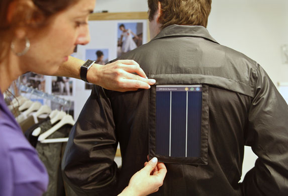 Solar clothing: A model wears a jacket with an integrated solar module in Buenos Aires